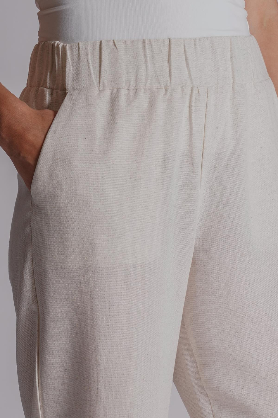 Kadın Keten Karışımlı Yandan Cepli Beli Lastikli Relaxed Fit Pantolon Naturel