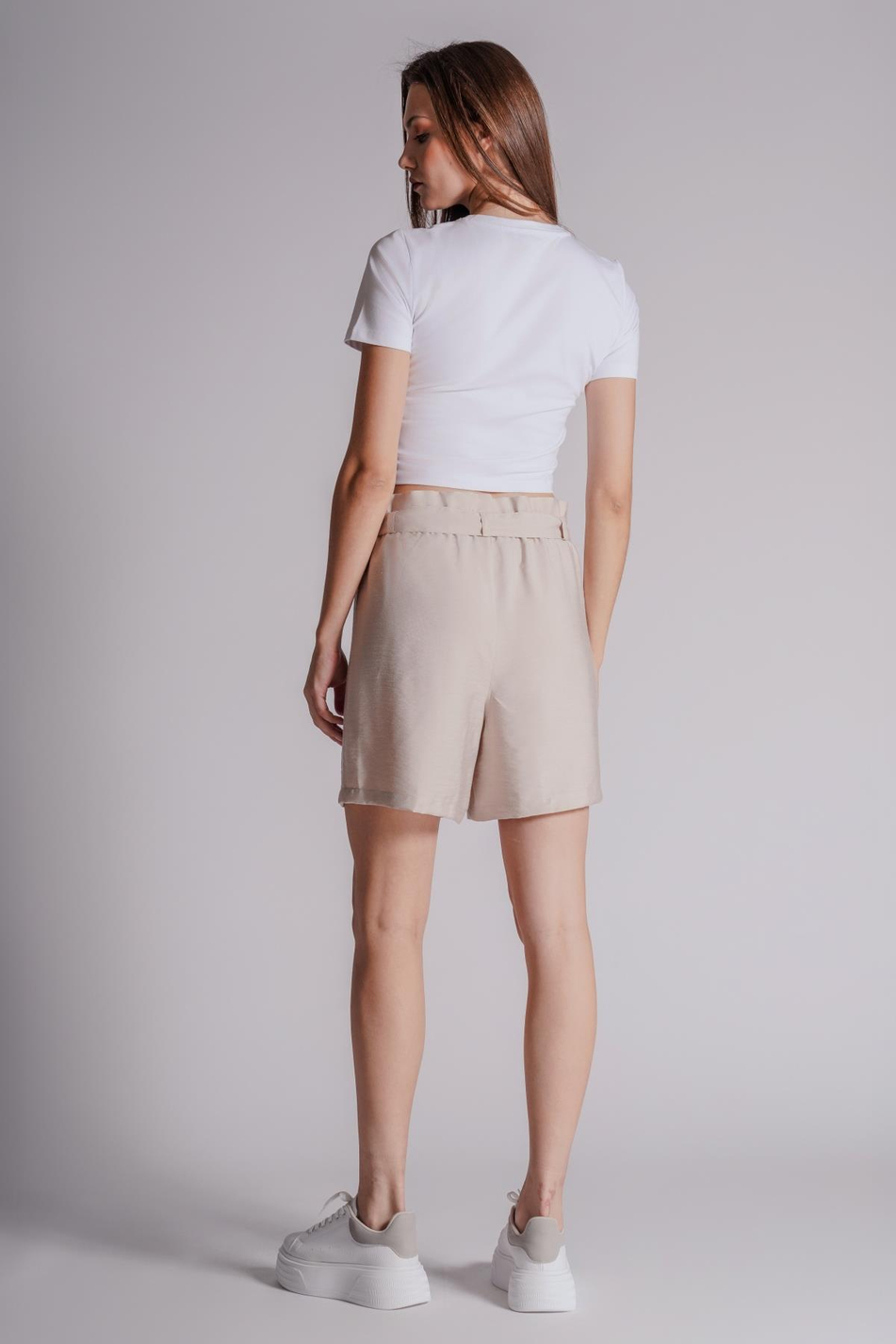 Kadın Pileli Beli Lastikli ve Kuşaklı Düğmeli Jogger Şort Taş