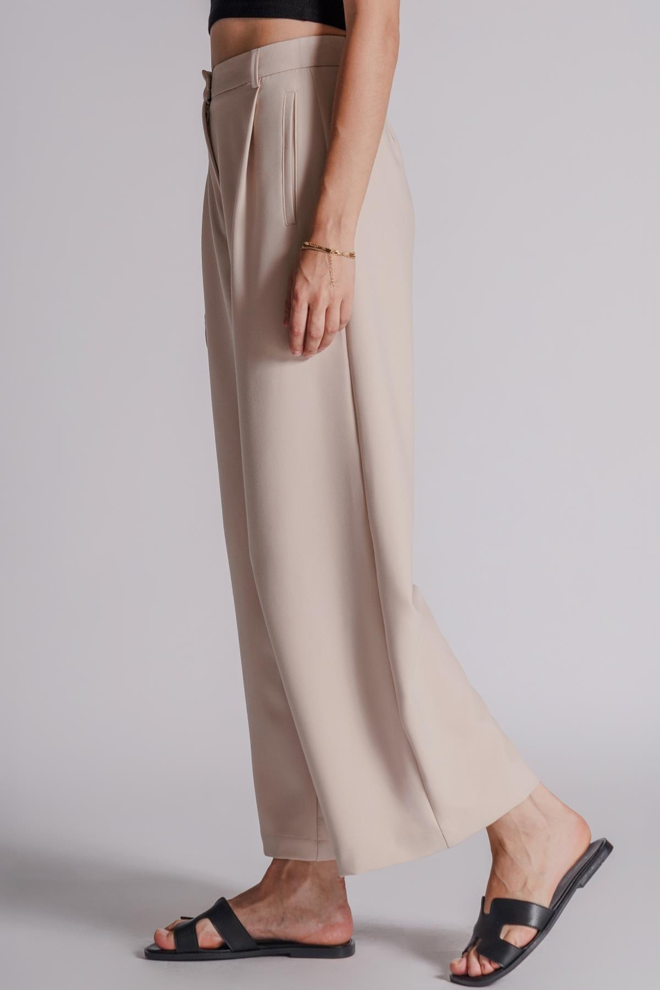 Kadın Yandan Cepli Fermuar ve Agraf Kapamalı Relaxed Fit Pantolon Taş