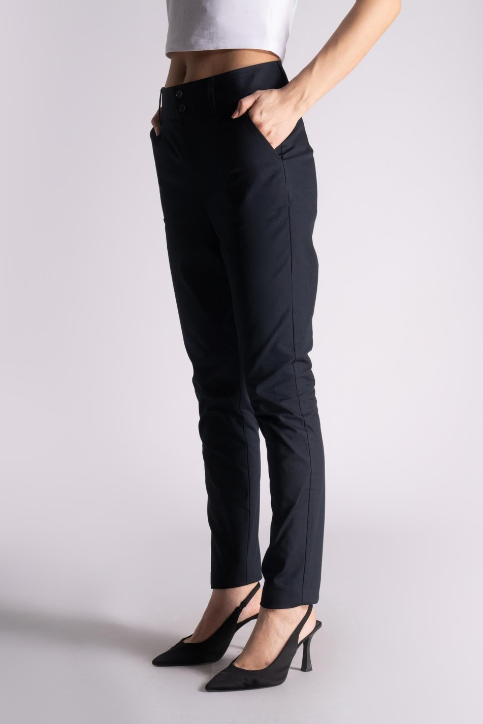 Kadın Yandan Cepli Pamuklu Chino Yüksek Bel Slim Fit Pantolon Siyah