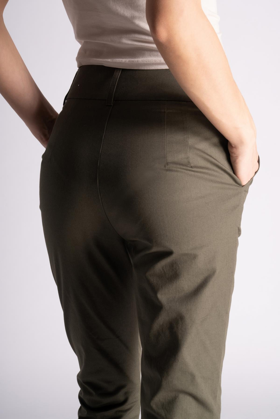 Kadın Yandan Cepli Pamuklu Chino Yüksek Bel Slim Fit Pantolon Haki