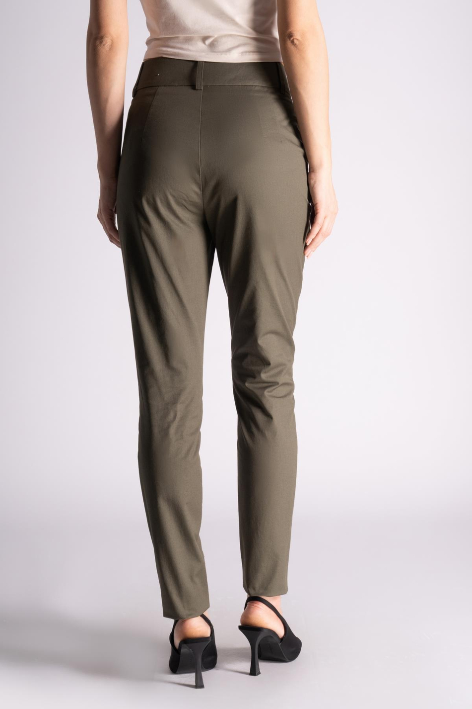 Kadın Yandan Cepli Pamuklu Chino Yüksek Bel Slim Fit Pantolon Haki