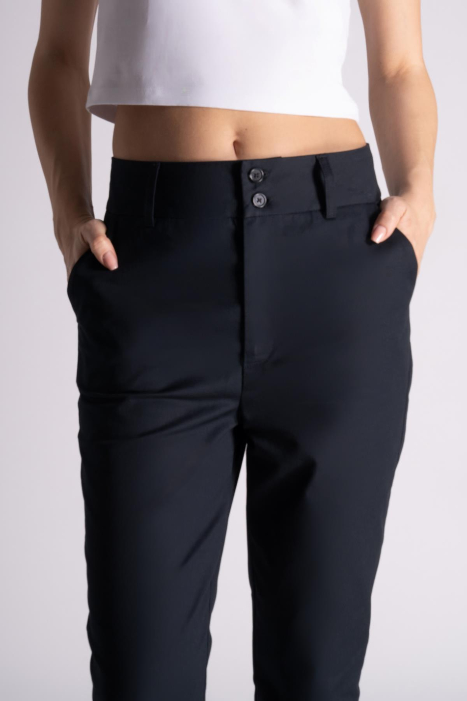 Kadın Yandan Cepli Pamuklu Chino Yüksek Bel Slim Fit Pantolon Siyah