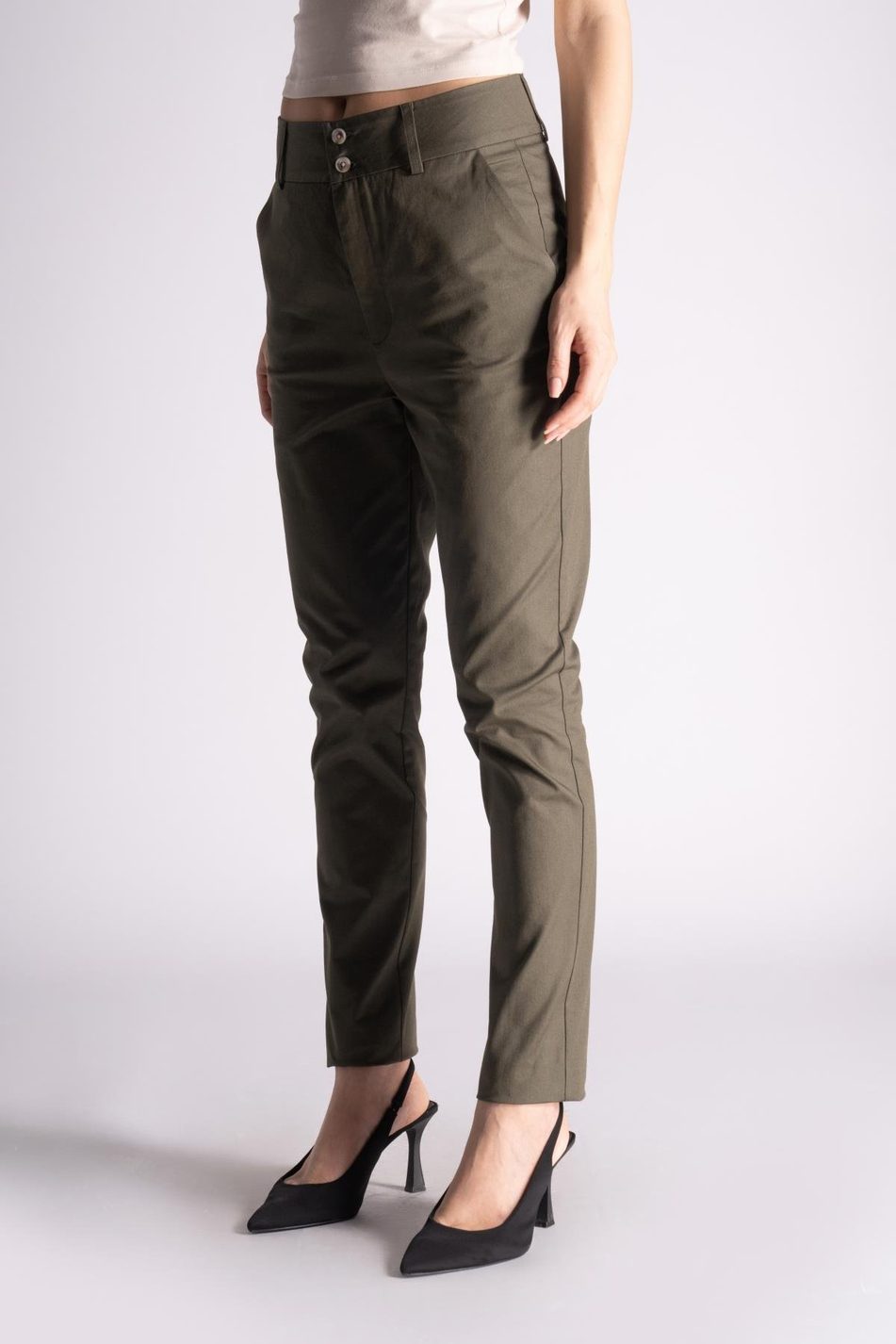 Kadın Yandan Cepli Pamuklu Chino Yüksek Bel Slim Fit Pantolon Haki