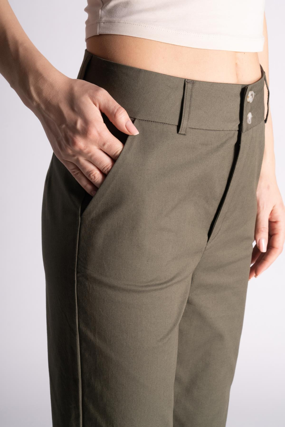 Kadın Yandan Cepli Pamuklu Chino Yüksek Bel Slim Fit Pantolon Haki