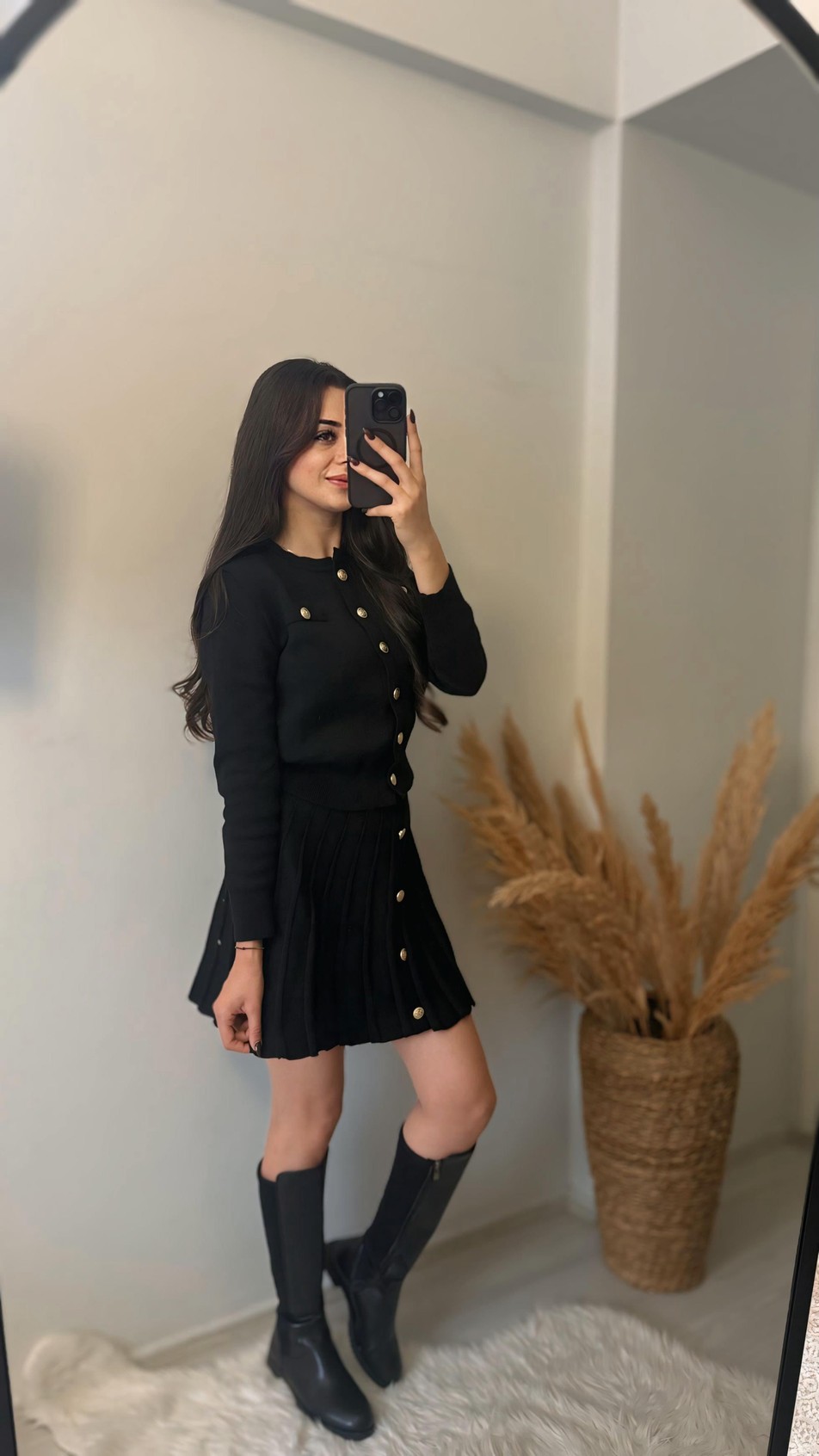 Adel Çelik Dokuma Gold Düğmeli Triko Etek Kazak Takım Siyah 