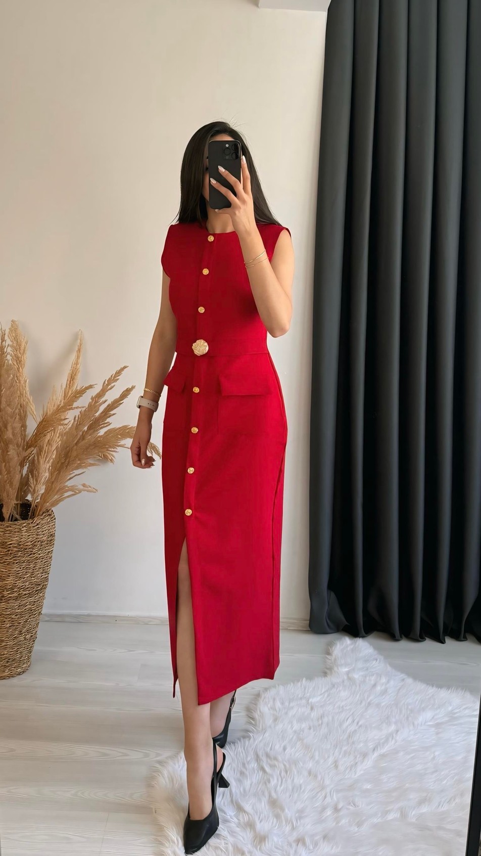Aisa Gold Kemerli Midi Elbise Kırmızı