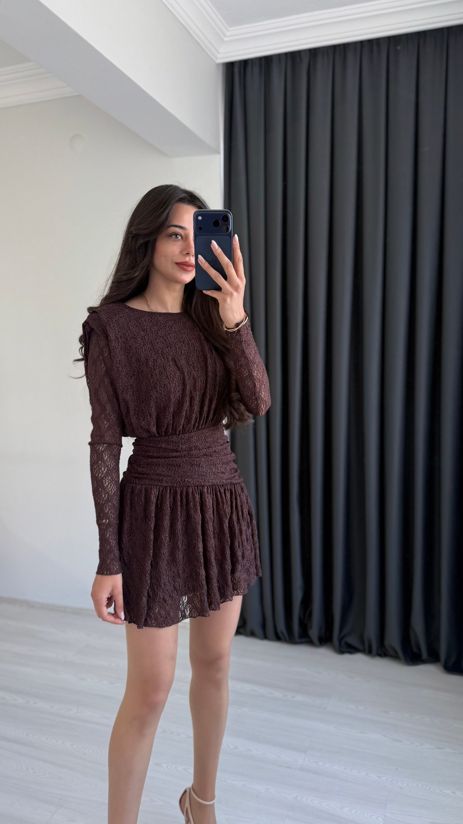 Ametis Dantelli Drapeli Kahve Mini Elbise