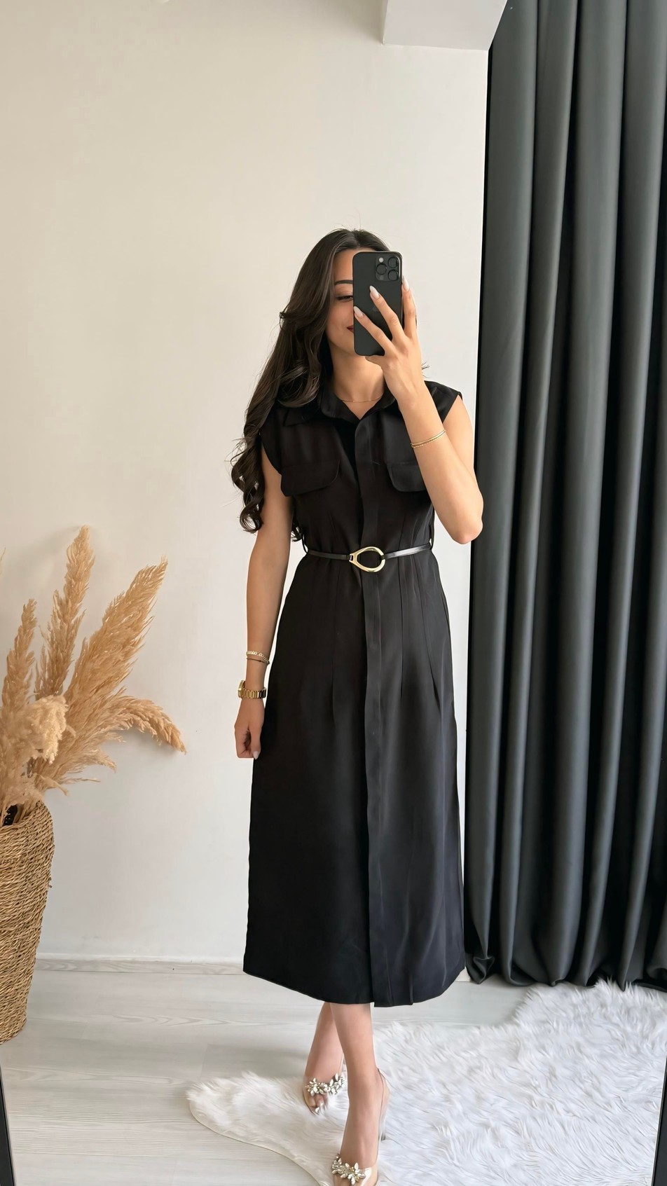 Arvis Gold Kemerli Premium Doku Midi Boy Gömlek Elbise Siyah 