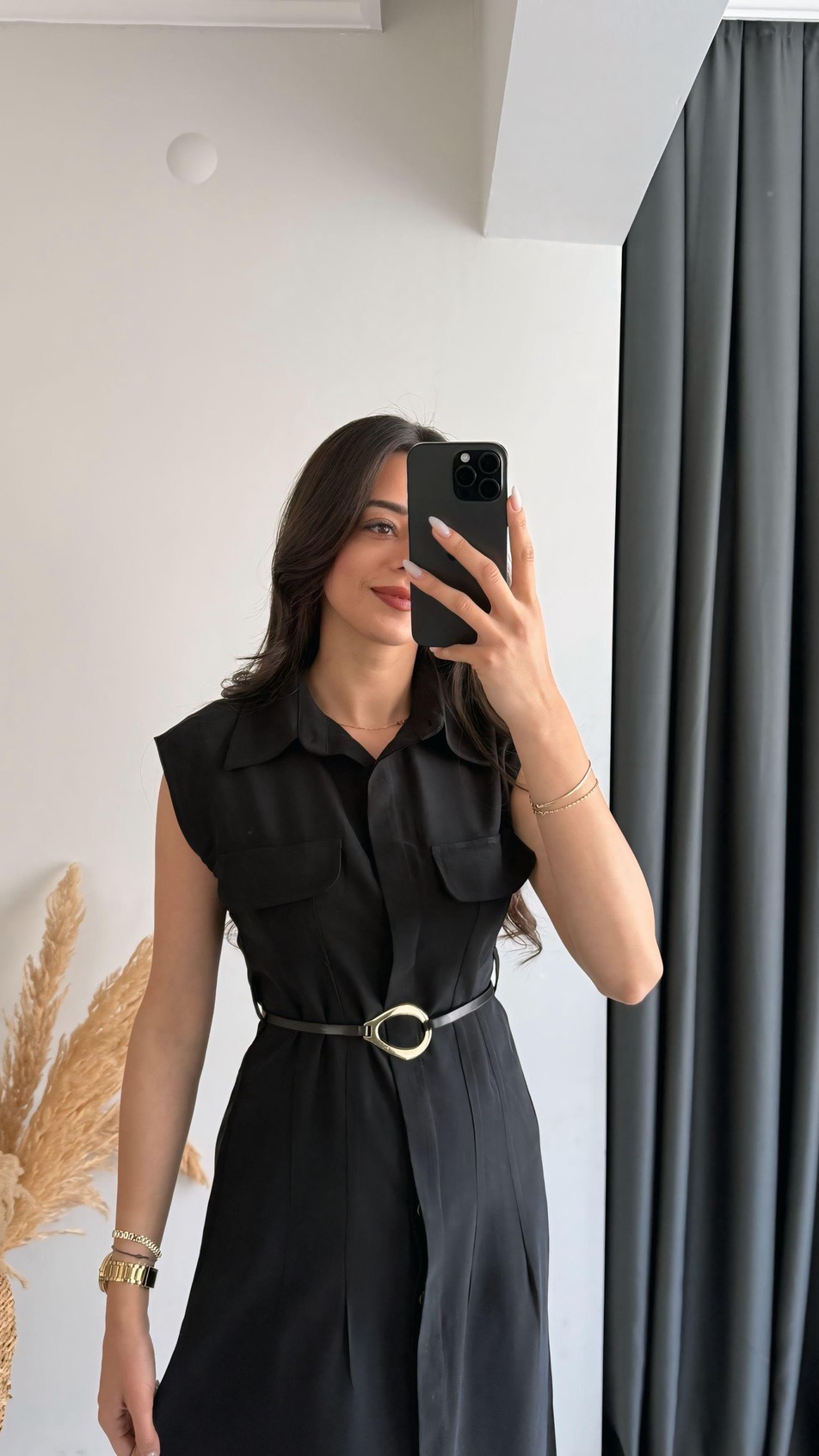 Arvis Gold Kemerli Premium Doku Midi Boy Gömlek Elbise Siyah 