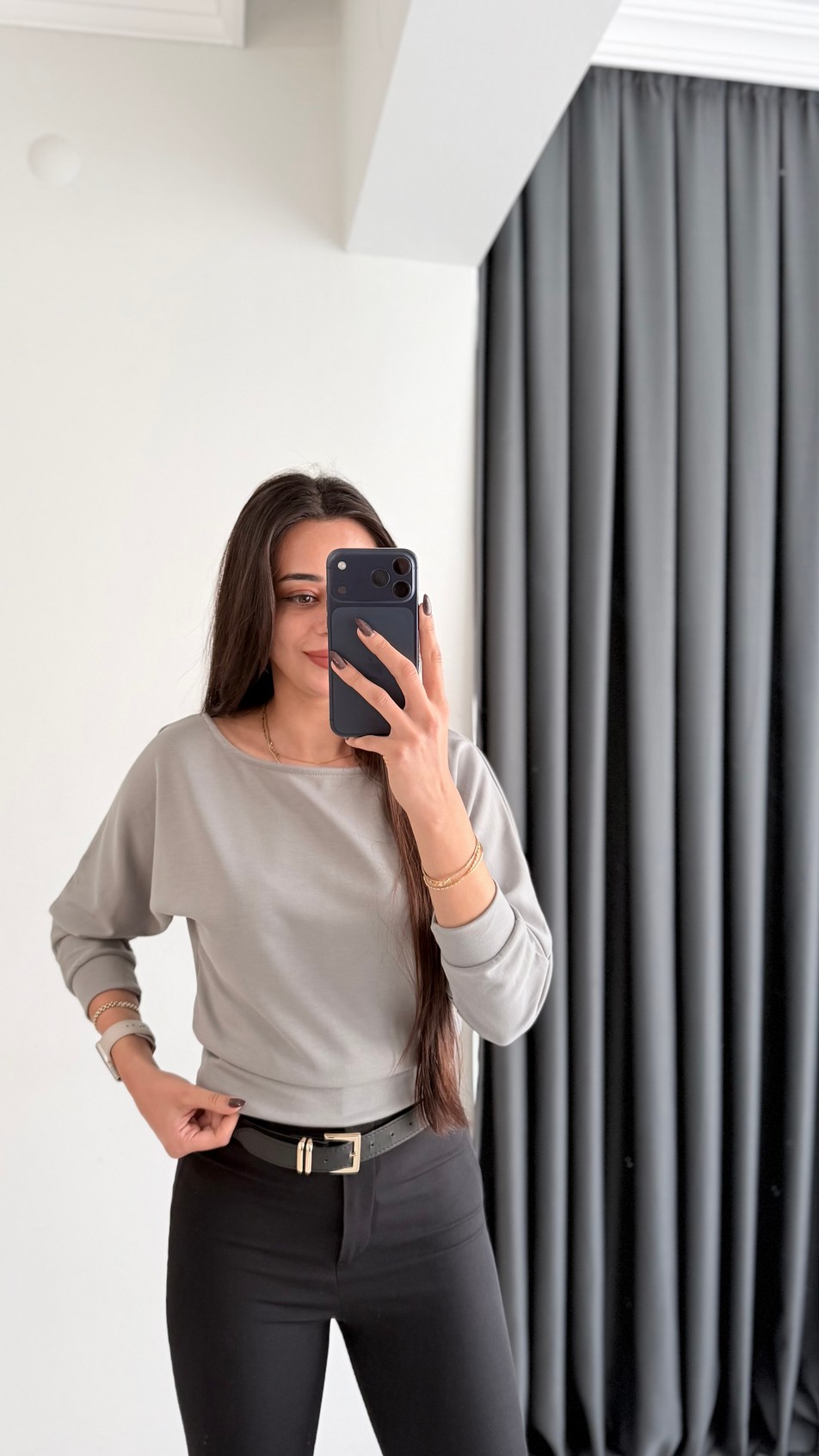 Avena Oysh Modal Kayık Yaka Likralı Bluz Gri