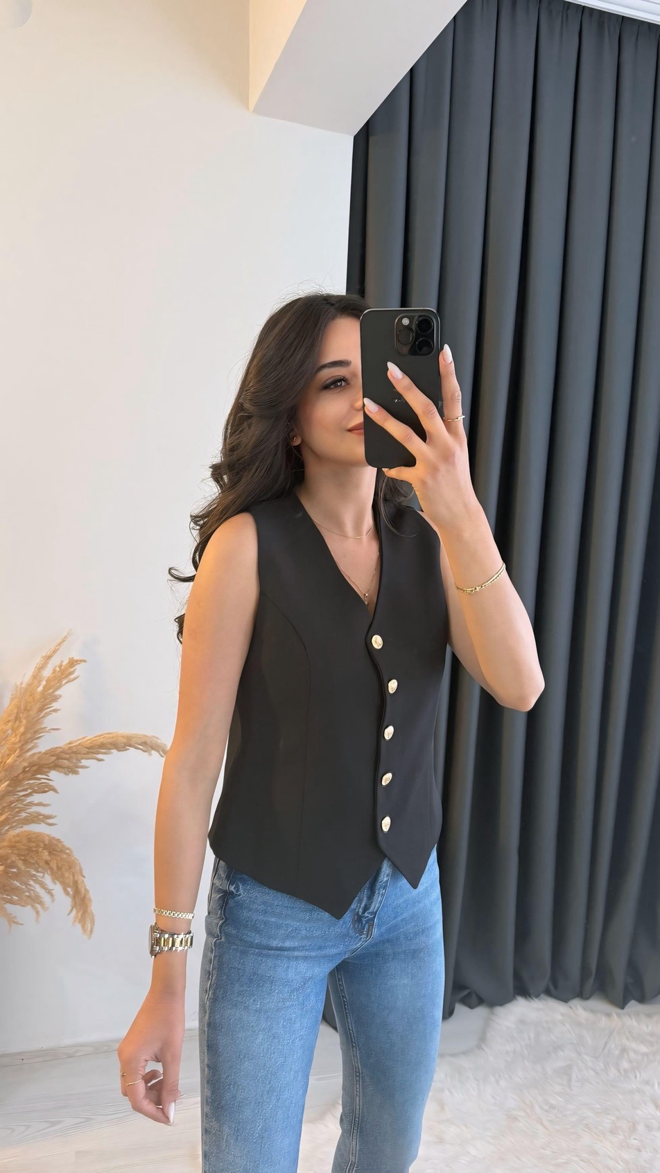 Balena Premium Seri Gold Düğmeli Yelek Siyah 