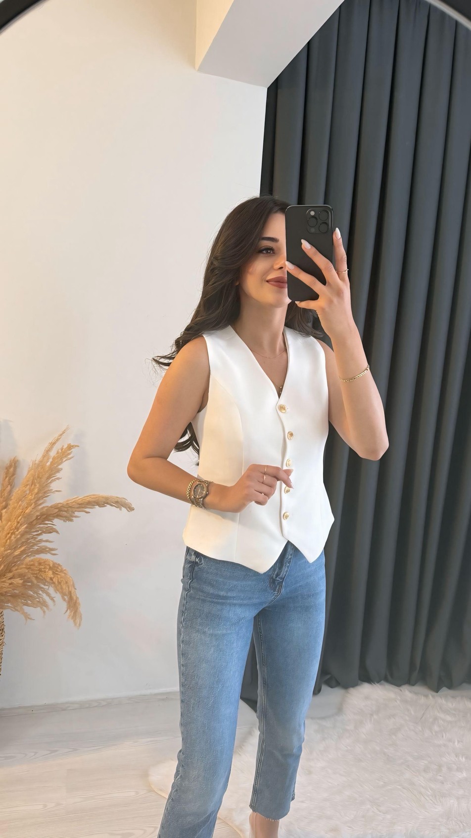 Balena Premium Seri Gold Düğmeli Yelek Beyaz