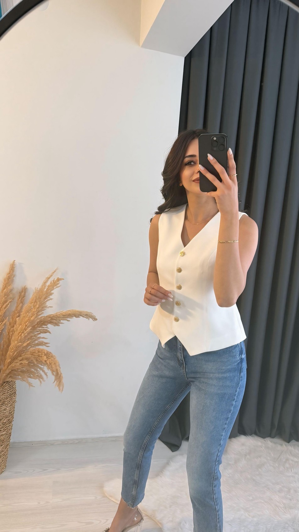 Balena Premium Seri Gold Düğmeli Yelek Beyaz