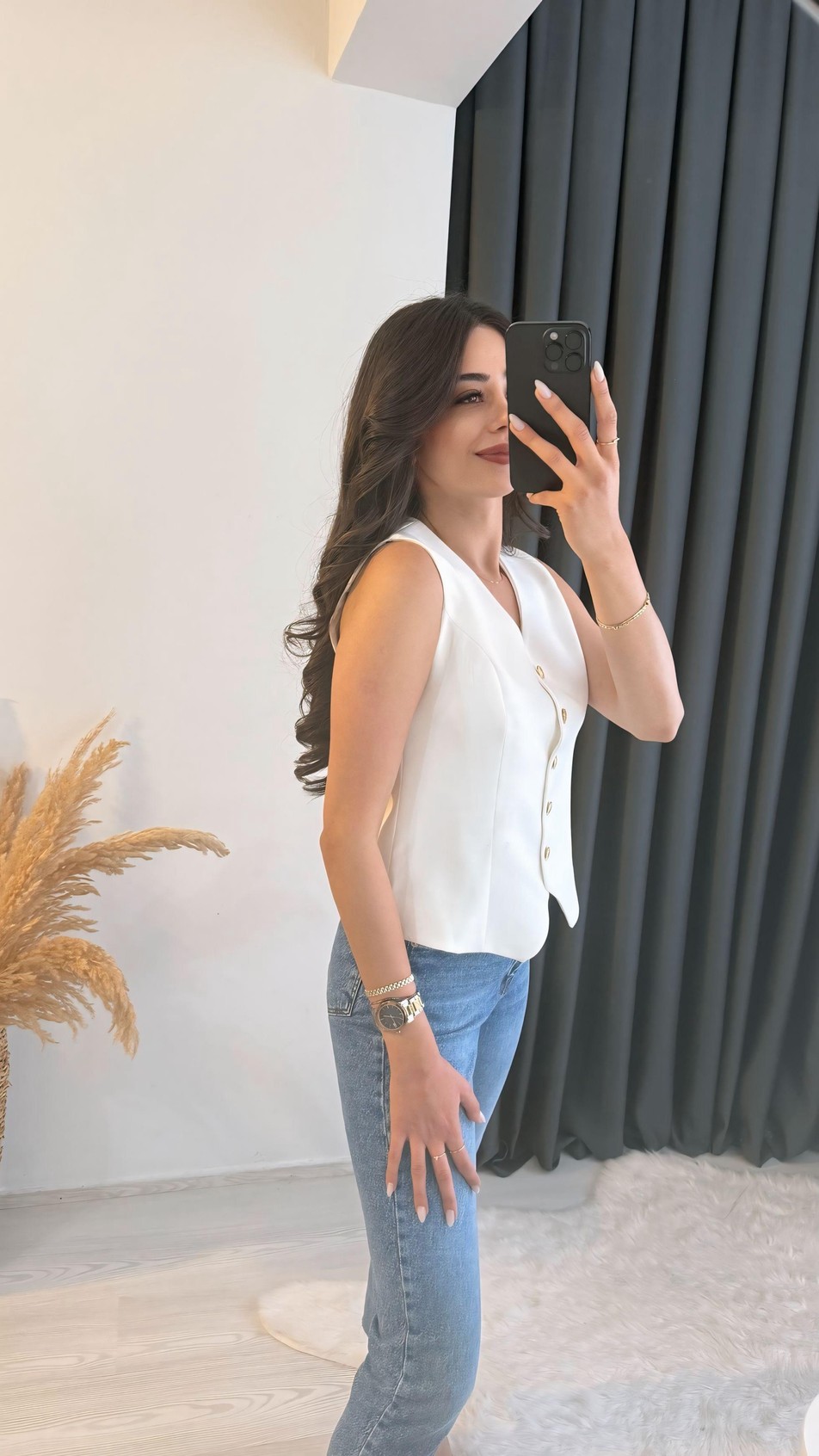 Balena Premium Seri Gold Düğmeli Yelek Beyaz