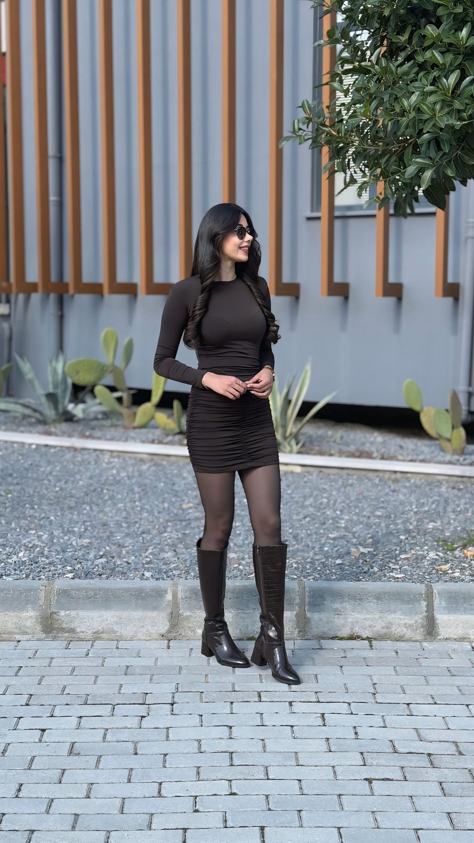 Belinda Kahve Drapeli Mini Elbise