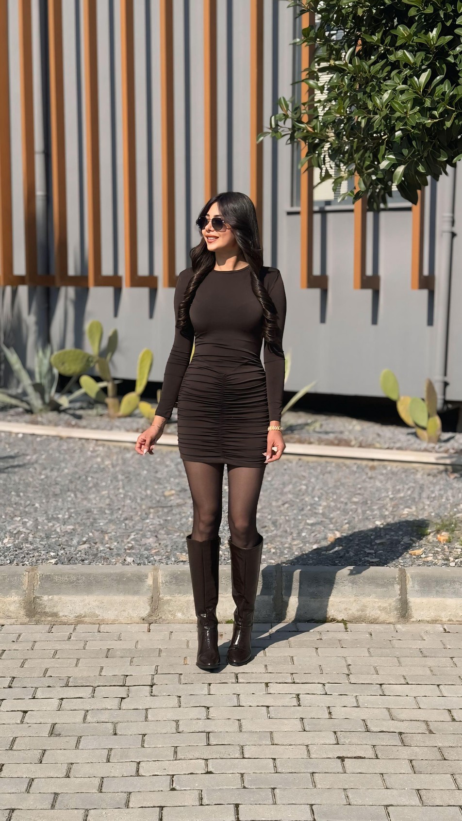 Belinda Kahve Drapeli Mini Elbise