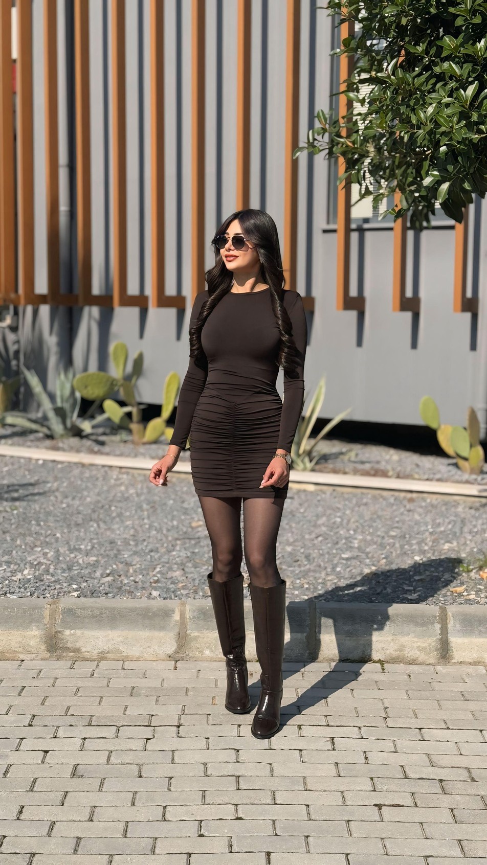 Belinda Kahve Drapeli Mini Elbise