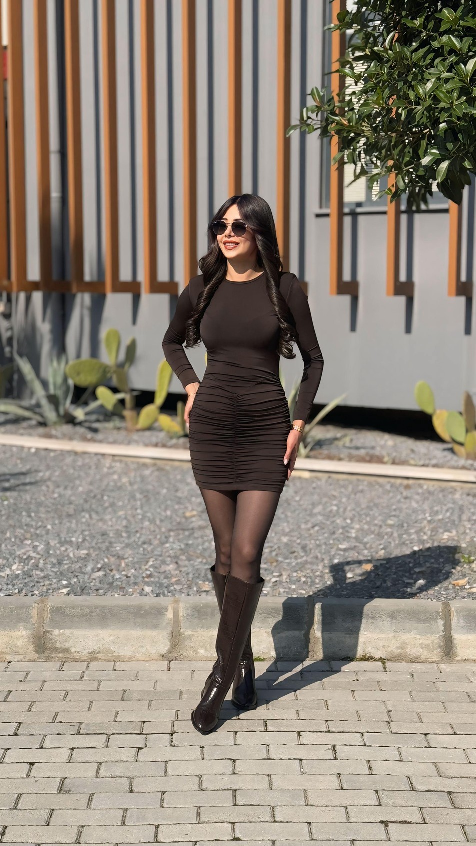 Belinda Kahve Drapeli Mini Elbise