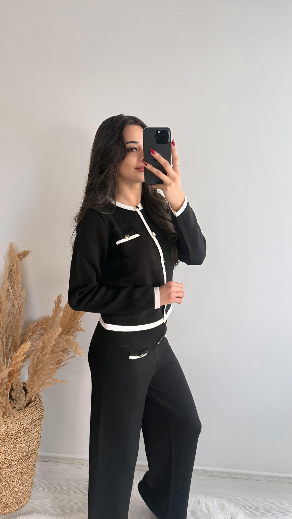 Bloom Gold Düğmeli Triko Çelik Örme Takım Siyah