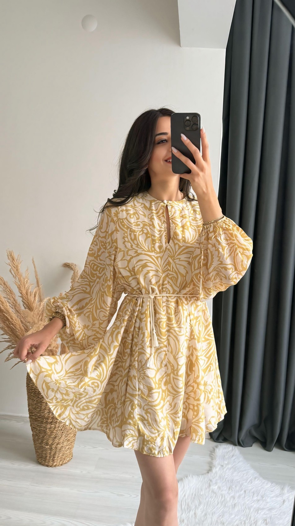 Bogie Premium Seri Sarı  Beyaz Desenli Poplin Elbise