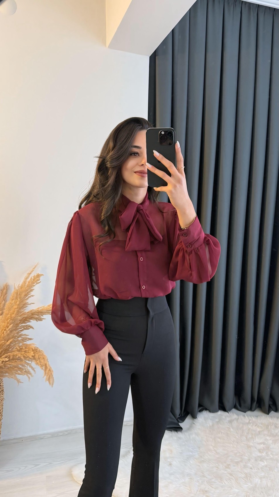 Bonita Bordo Bağlamalı Şifon Gömlek