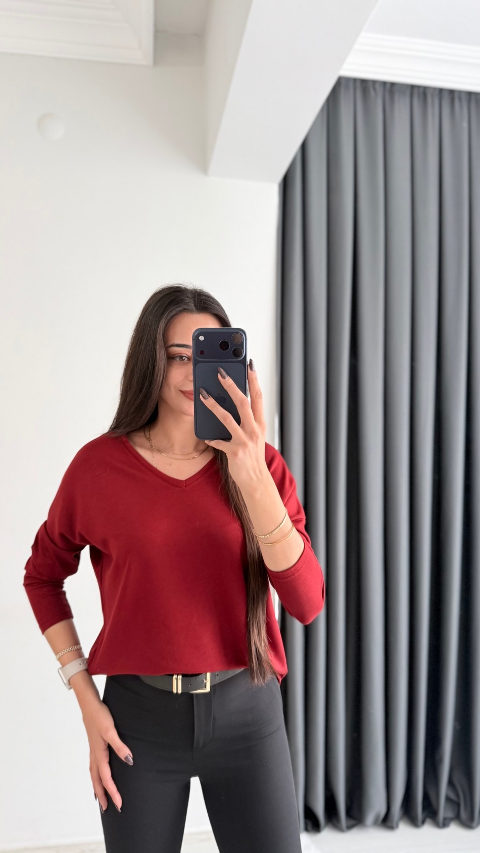 Break Oysh Modal Ön Arka V Yaka Likralı Bluz Bordo