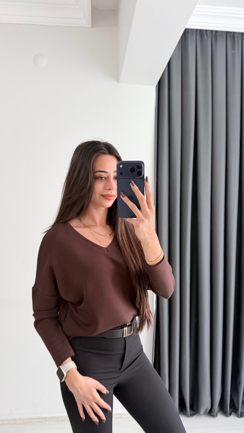 Break Oysh Modal Ön Arka V Yaka Likralı Bluz Kahve