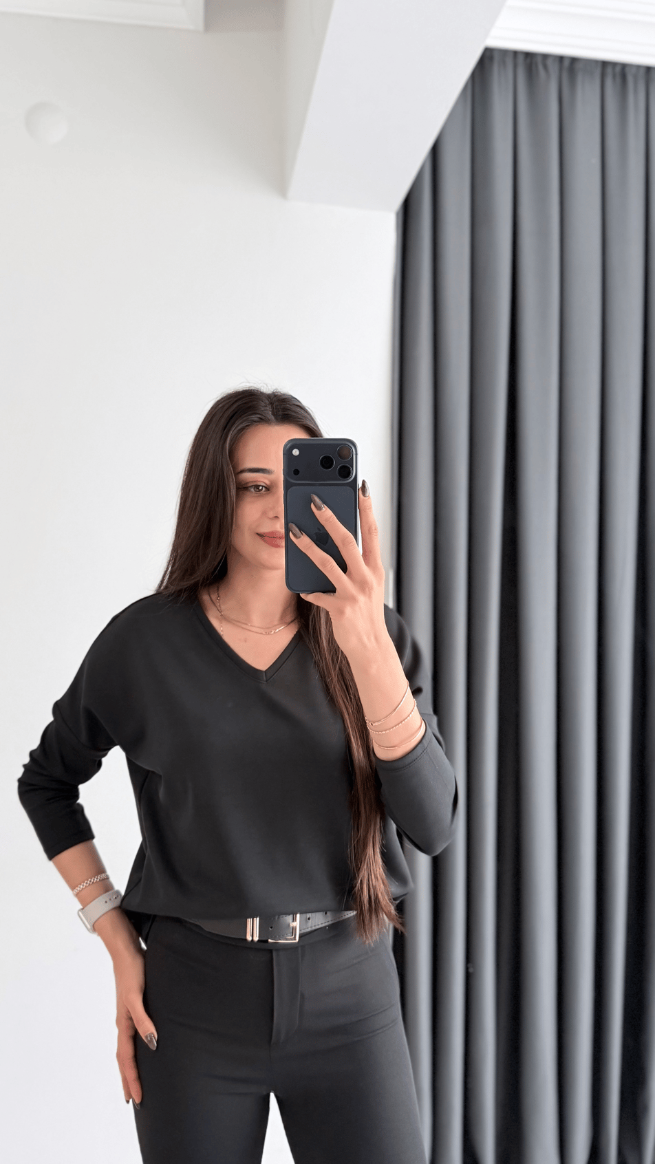 Break Oysh Modal Ön Arka V Yaka Likralı Bluz Siyah