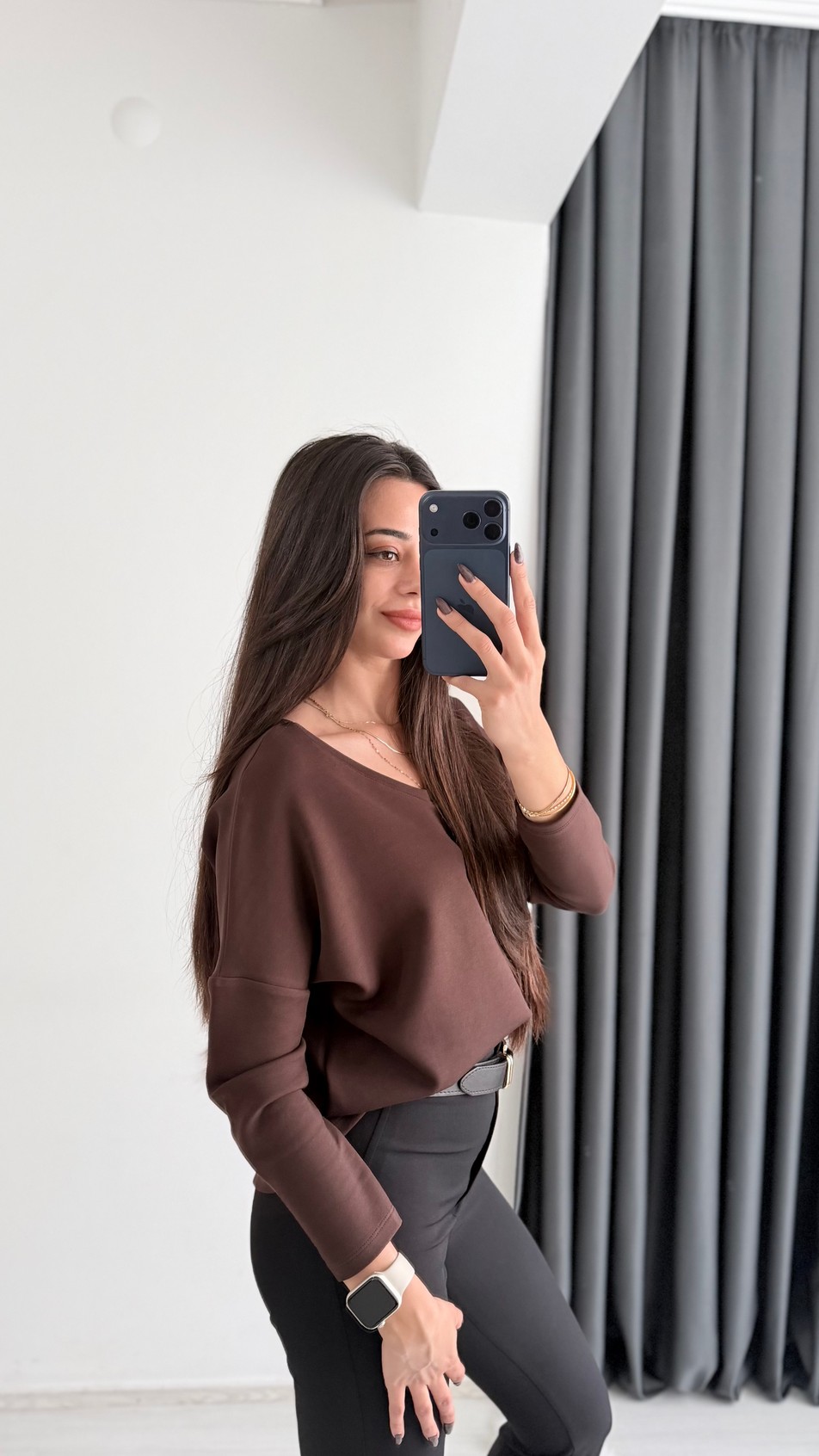 Break Oysh Modal Ön Arka V Yaka Likralı Bluz Kahve