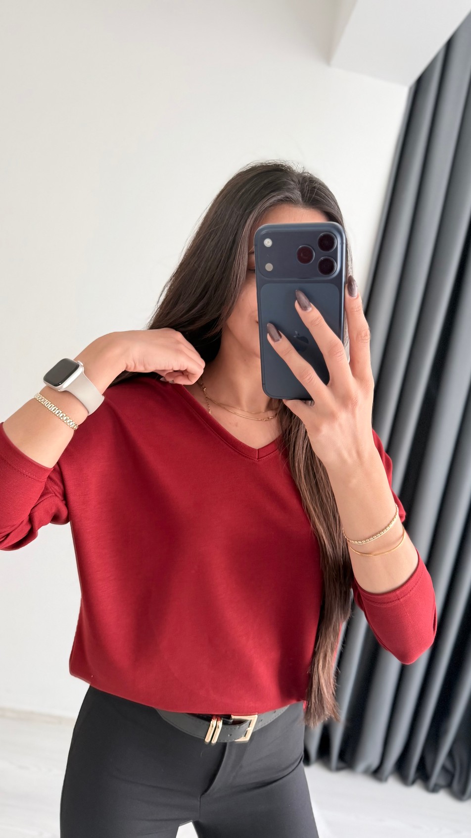 Break Oysh Modal Ön Arka V Yaka Likralı Bluz Bordo
