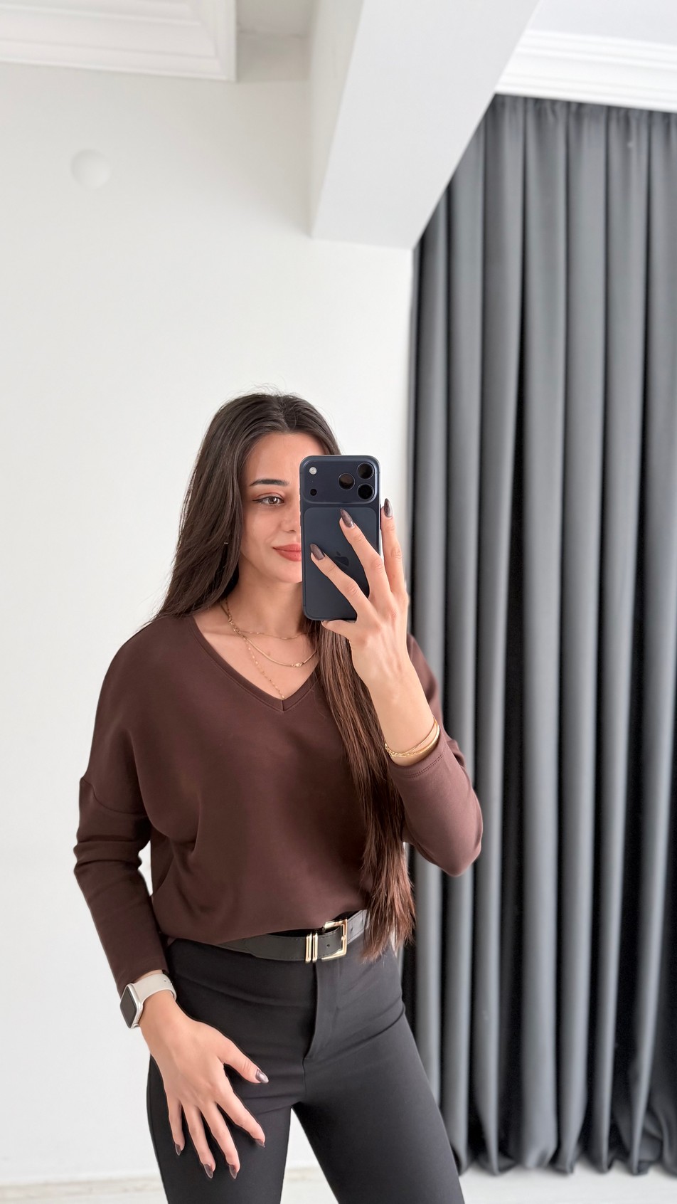 Break Oysh Modal Ön Arka V Yaka Likralı Bluz Kahve