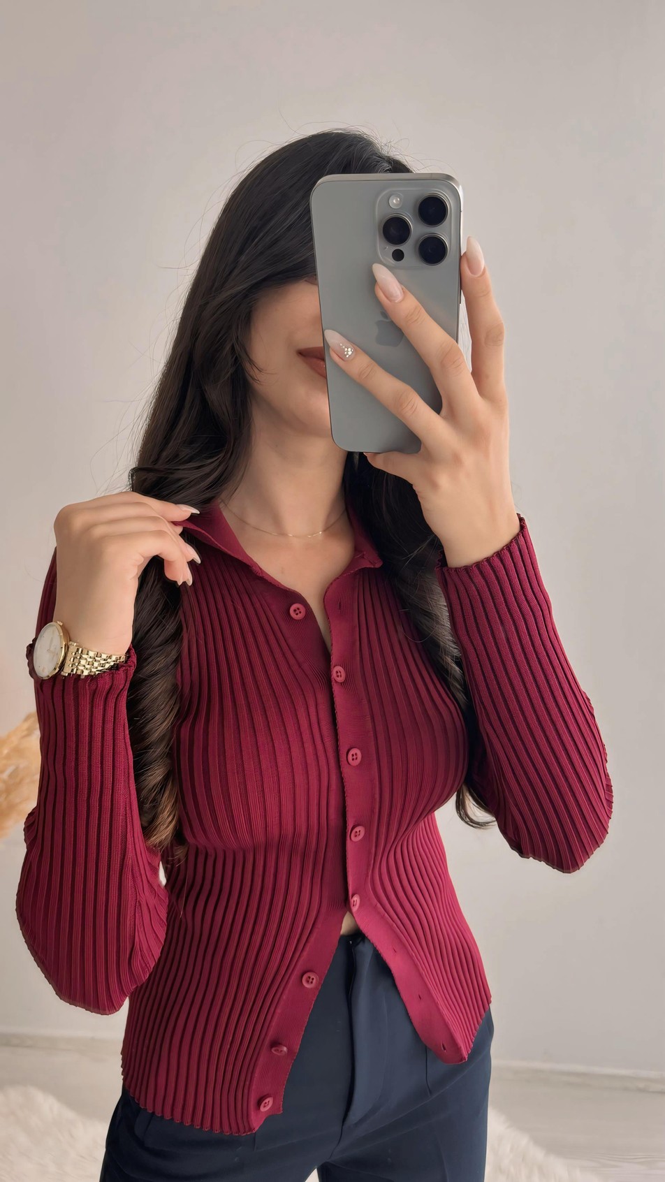 Cali Polo Yaka Tam Boy Düğmeli Elit Triko Bordo