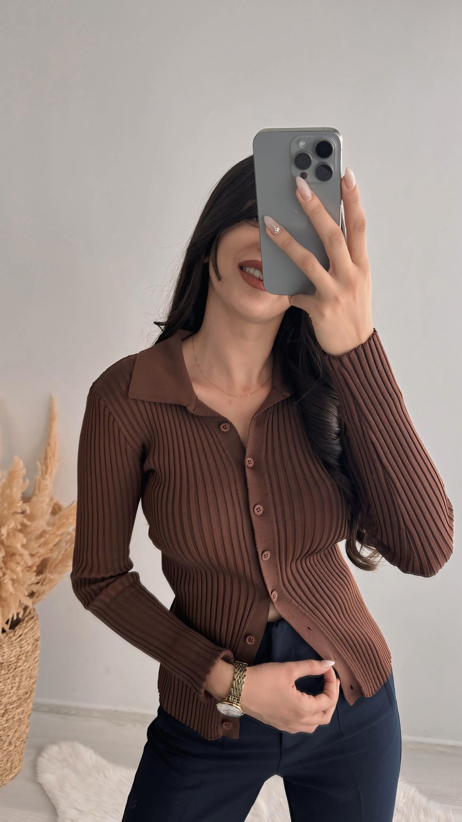 Cali Polo Yaka Tam Boy Düğmeli Elit Triko Kahve