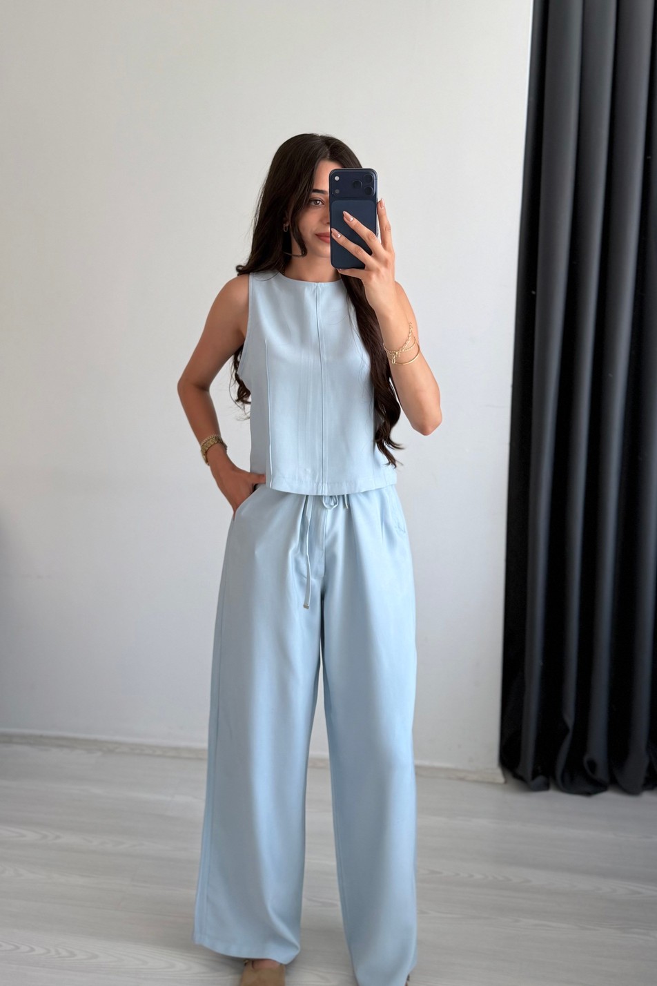Carter Tensel Kumaş Denim Mavi Pantalon Ve Bluz Takım 