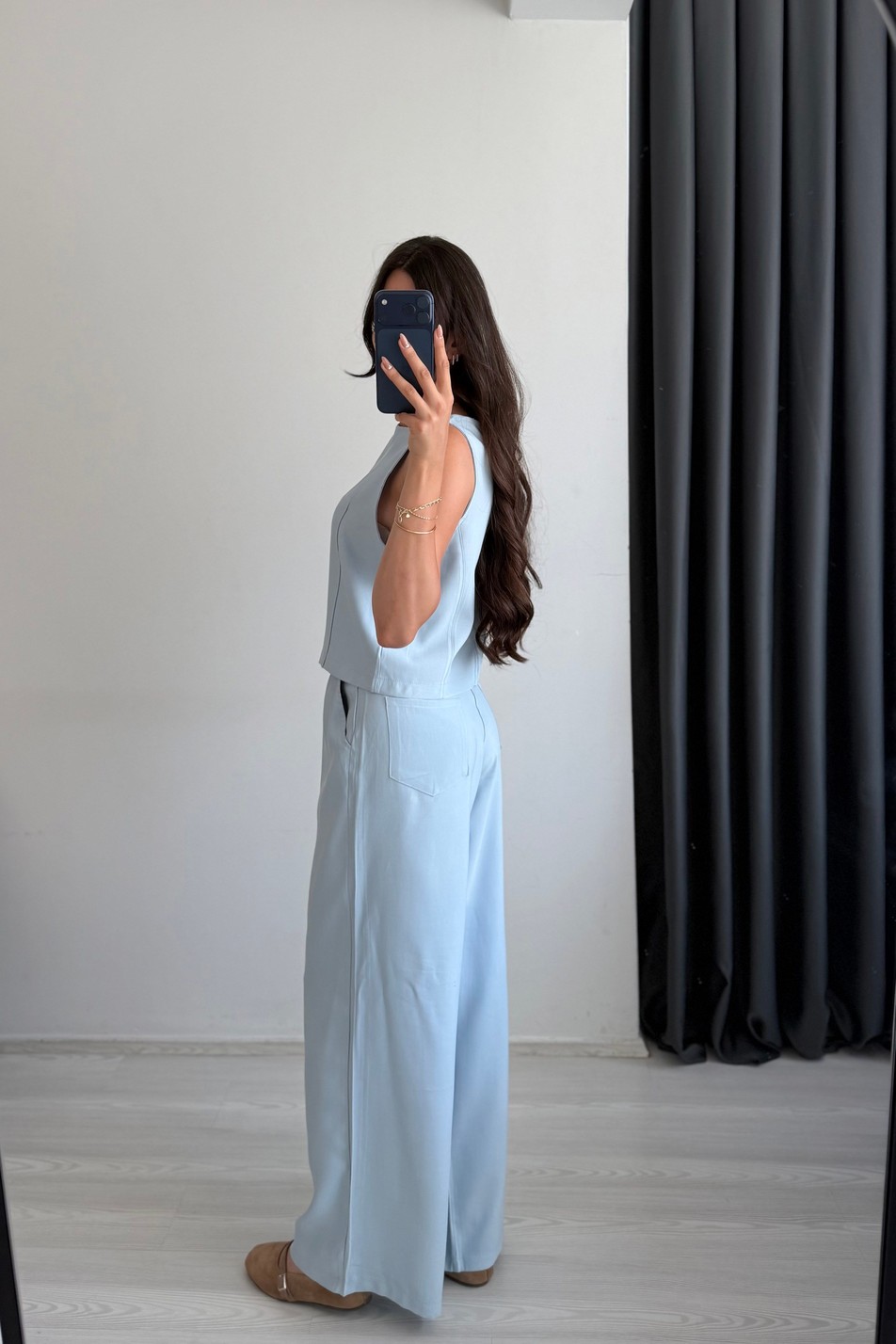 Carter Tensel Kumaş Denim Mavi Pantalon Ve Bluz Takım 