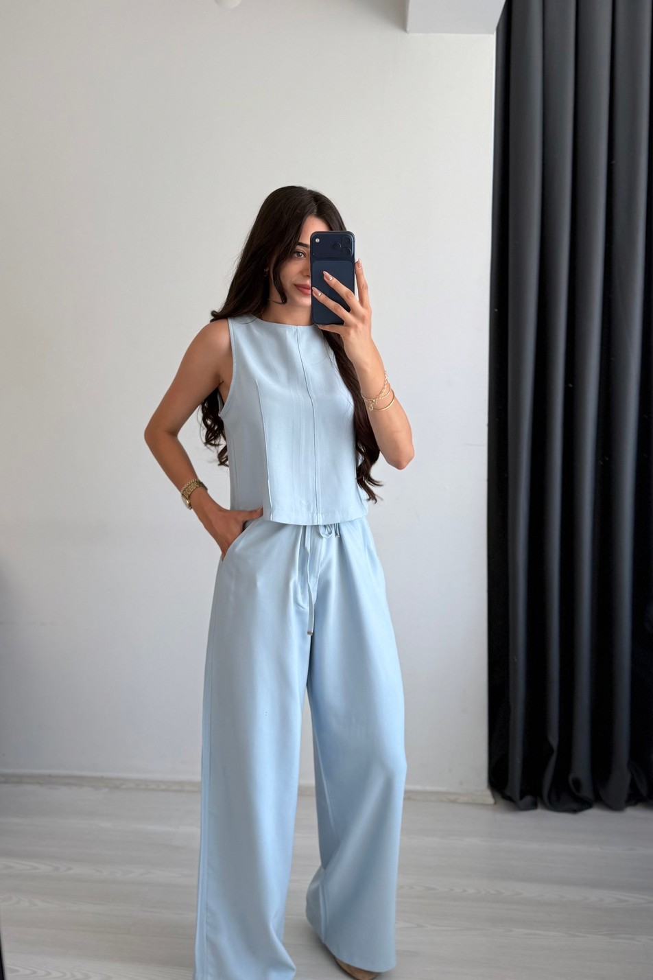 Carter Tensel Kumaş Denim Mavi Pantalon Ve Bluz Takım 