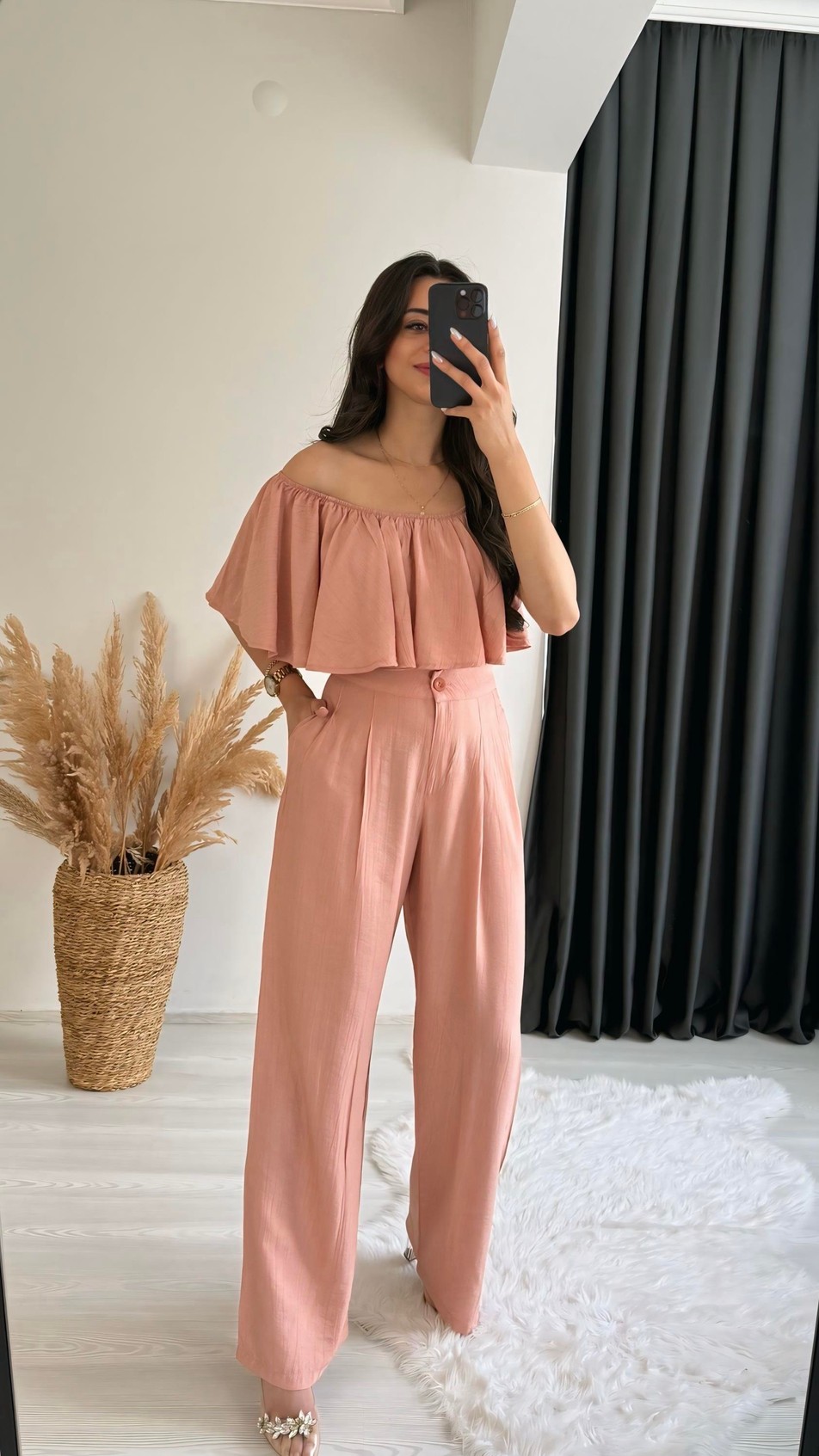 Daila Gül Kurusu Crop Bluz  Pantolon İkili Takım