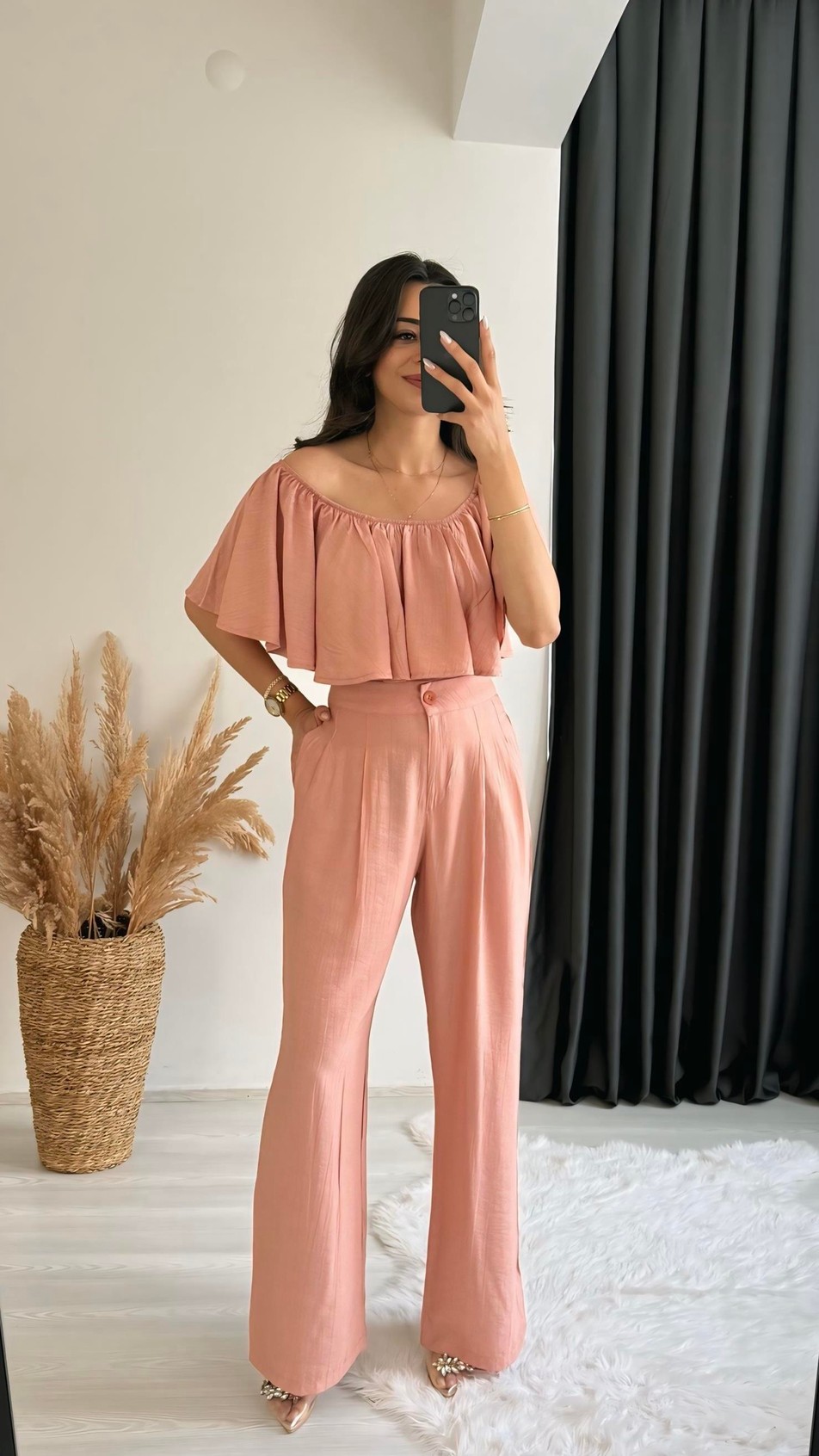 Daila Gül Kurusu Crop Bluz  Pantolon İkili Takım