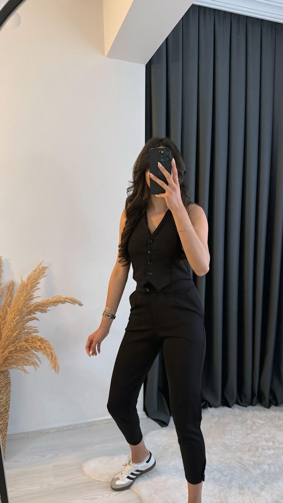 Diano Beli Düğmeli Likralı Palazzo Siyah Pantalon 