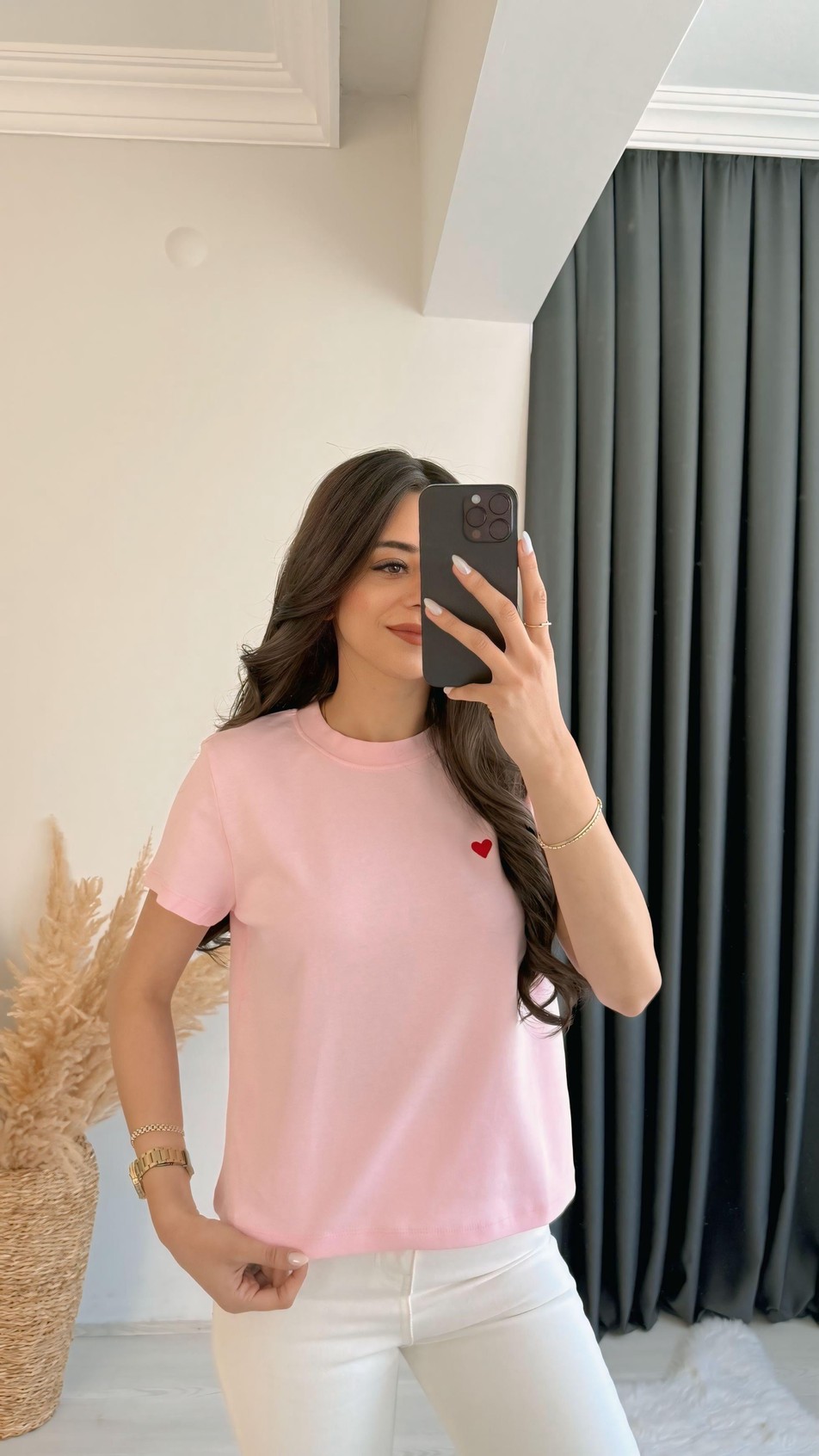 Dimit Dilvin Bisiklet Yaka Kalp İşlemeli Tshirt Pembe