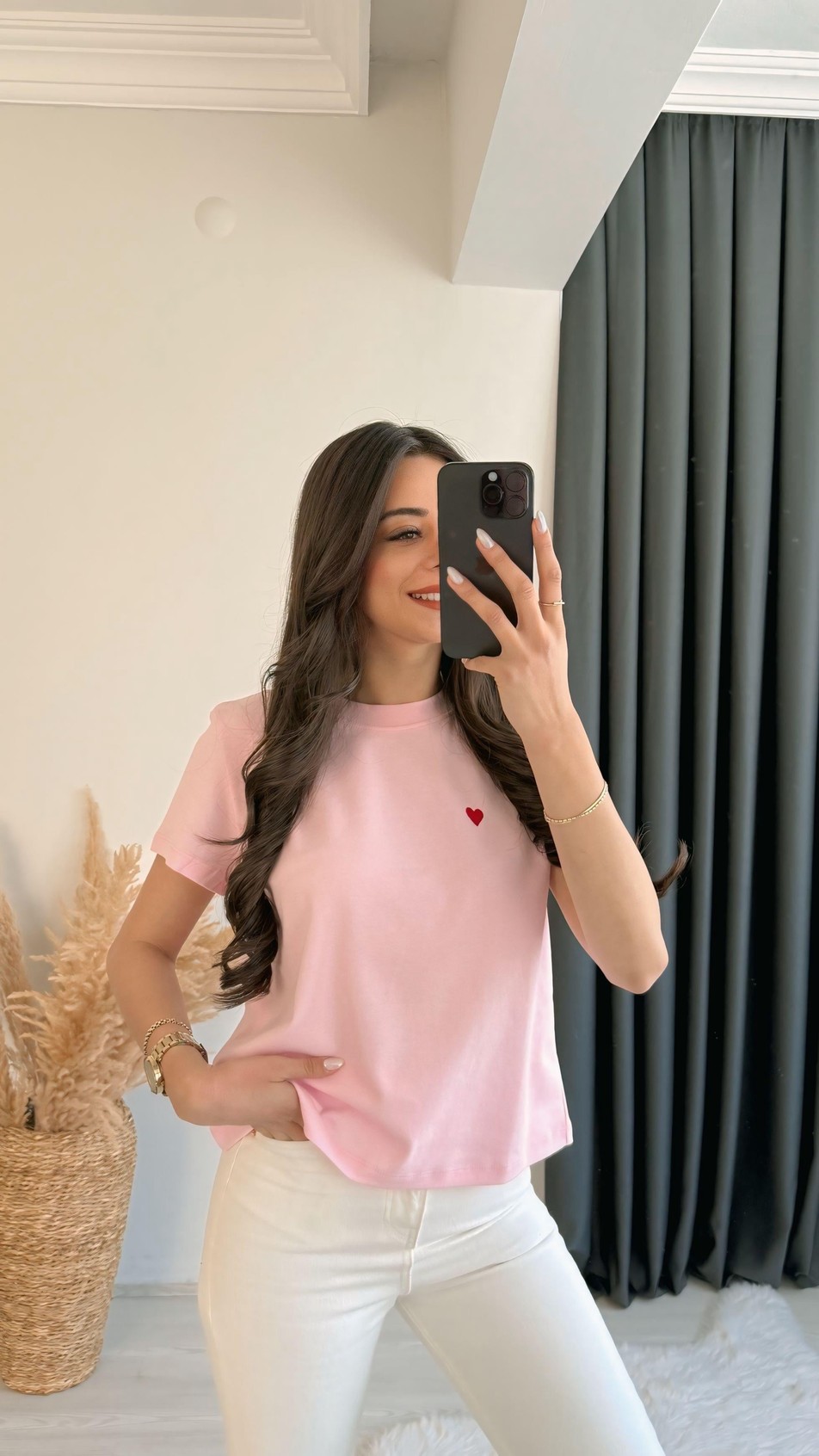 Dimit Dilvin Bisiklet Yaka Kalp İşlemeli Tshirt Pembe