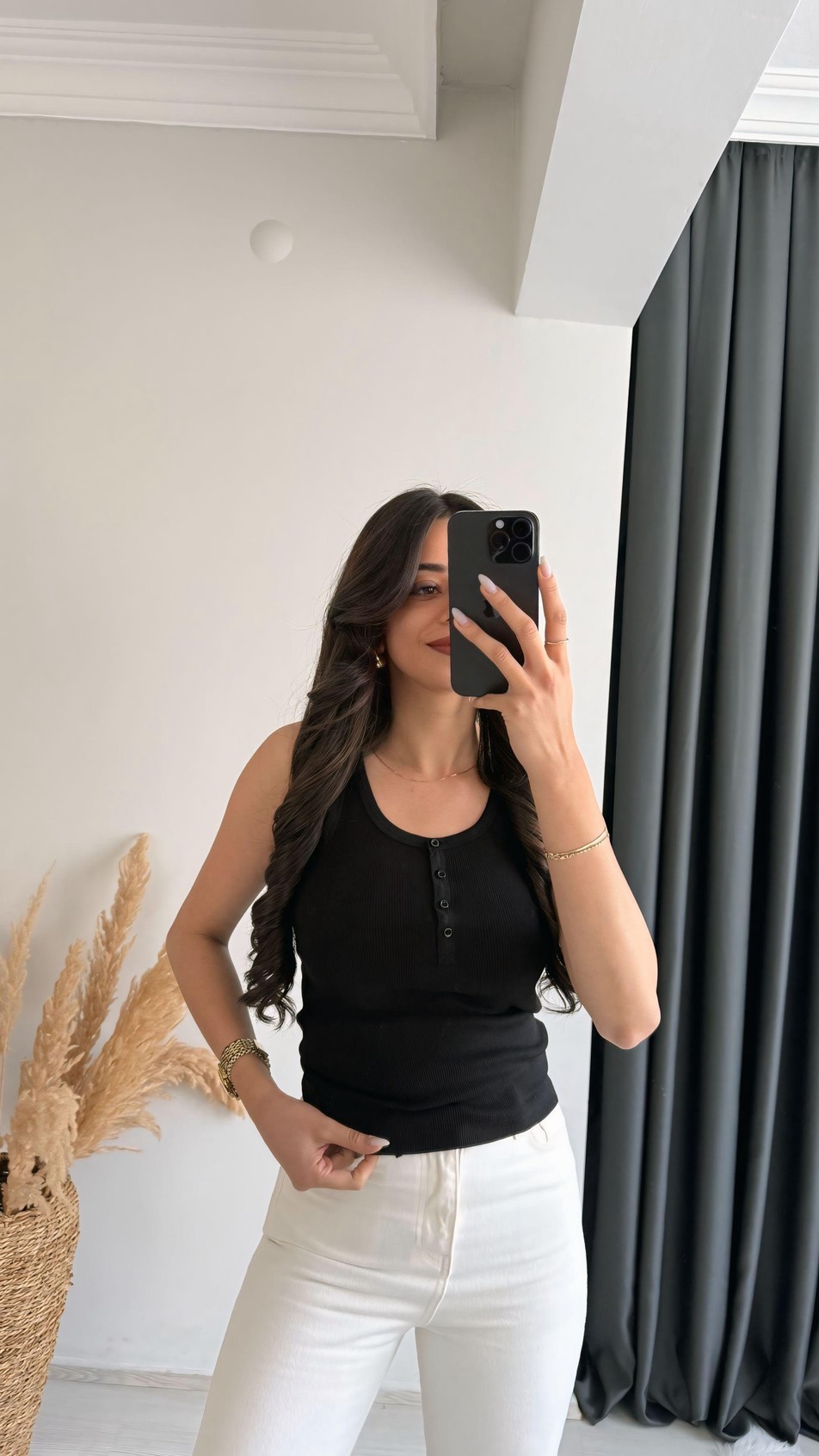 Düğmeli Tam Pamuklu Premium Atlet Siyah 