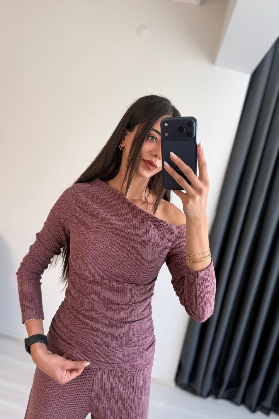 Falsy Kırınkıl Kumaş Büzgülü Bordo Takım