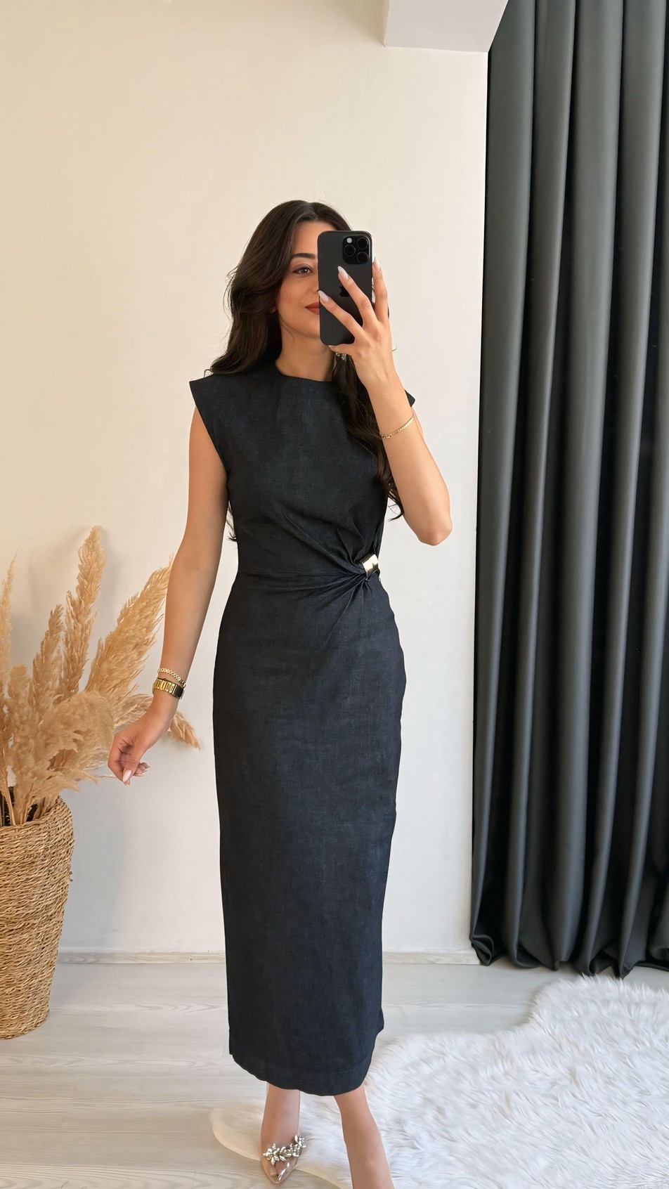Ferida Midi Boy Gold Aksesuarlı Denim Elbise 