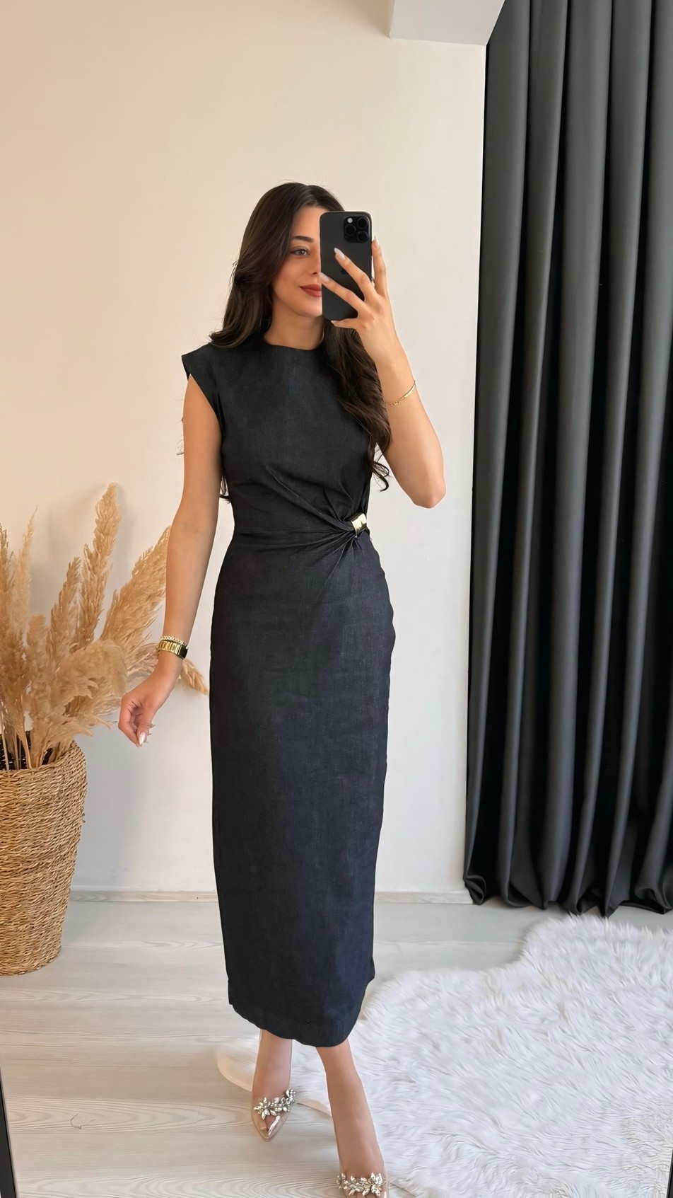 Ferida Midi Boy Gold Aksesuarlı Denim Elbise 