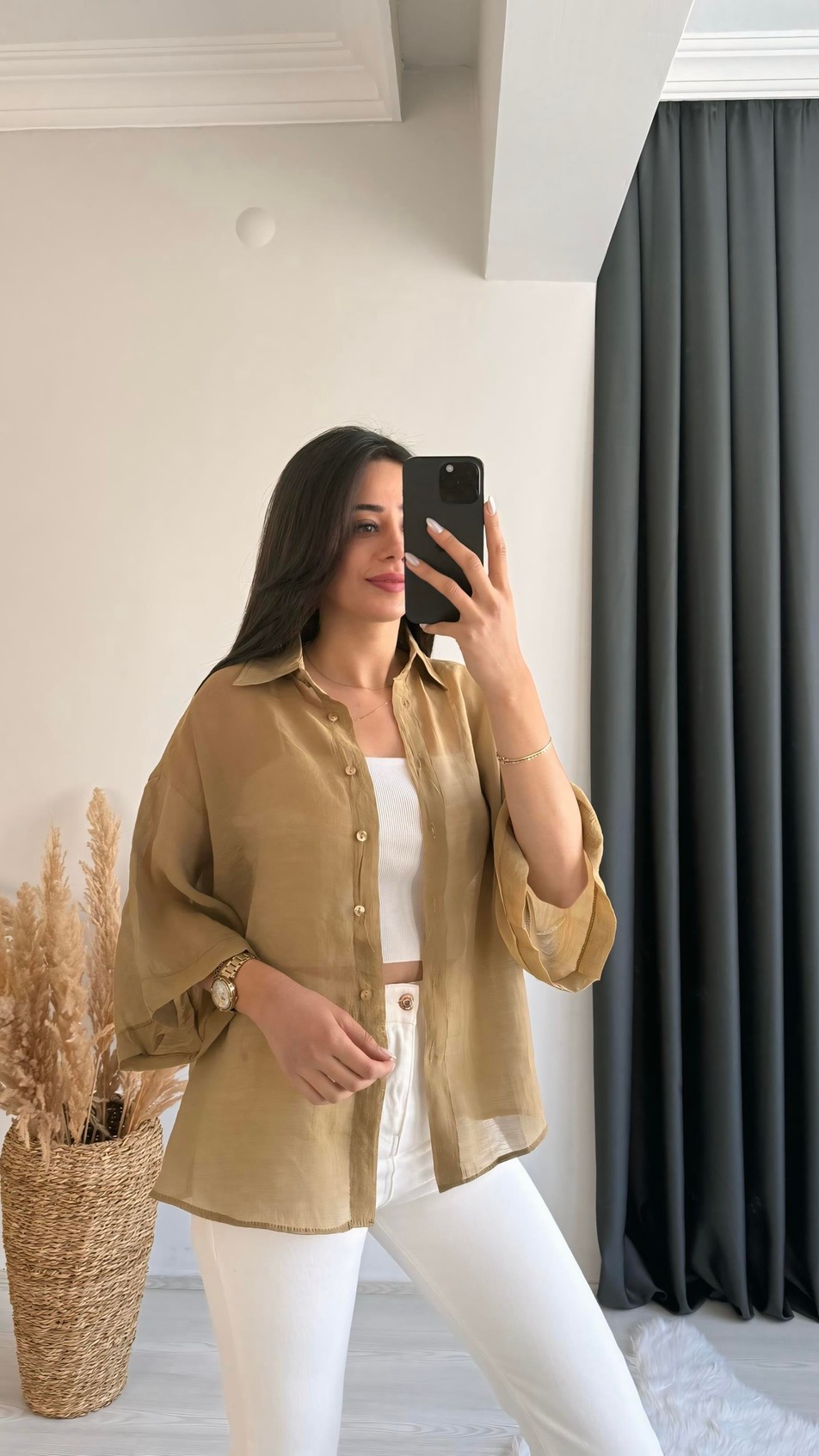 Fiona Lüx Kalite Basic Salaş Tensel Gömlek Olive