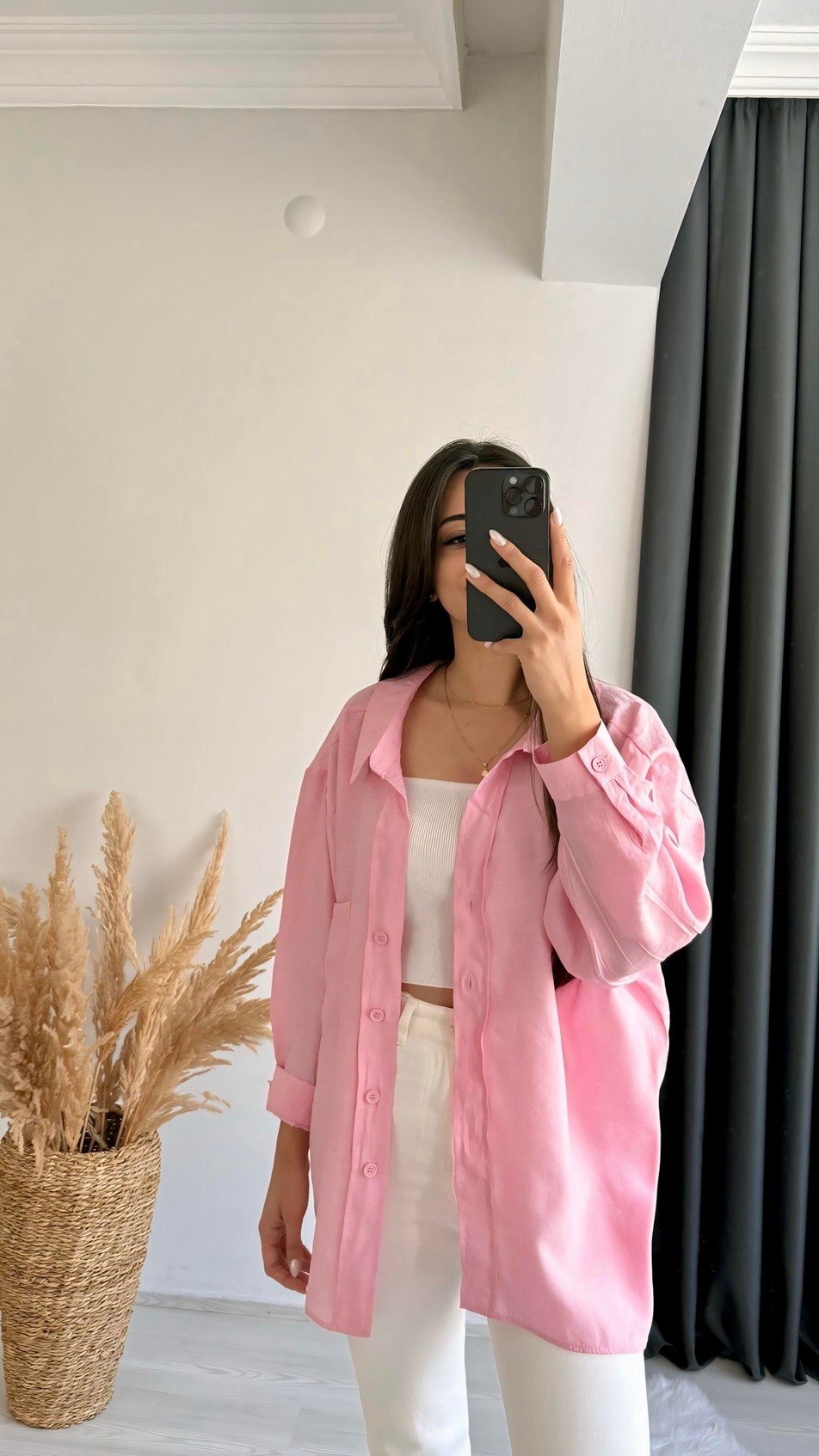 Fiona Lüx Kalite Basic Salaş Tensel Gömlek Pembe