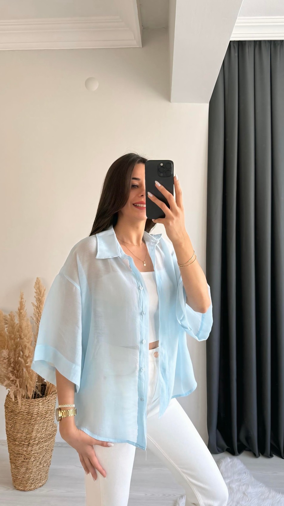 Fiona Lüx Kalite Basic Salaş Tensel Gömlek Mavi
