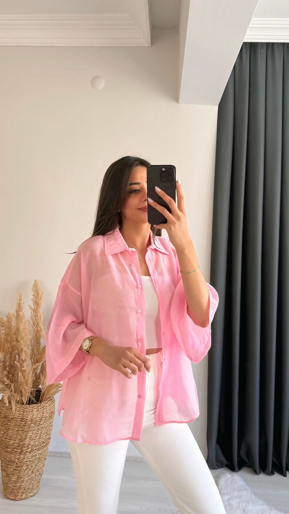 Fiona Lüx Kalite Basic Salaş Tensel Gömlek Pembe